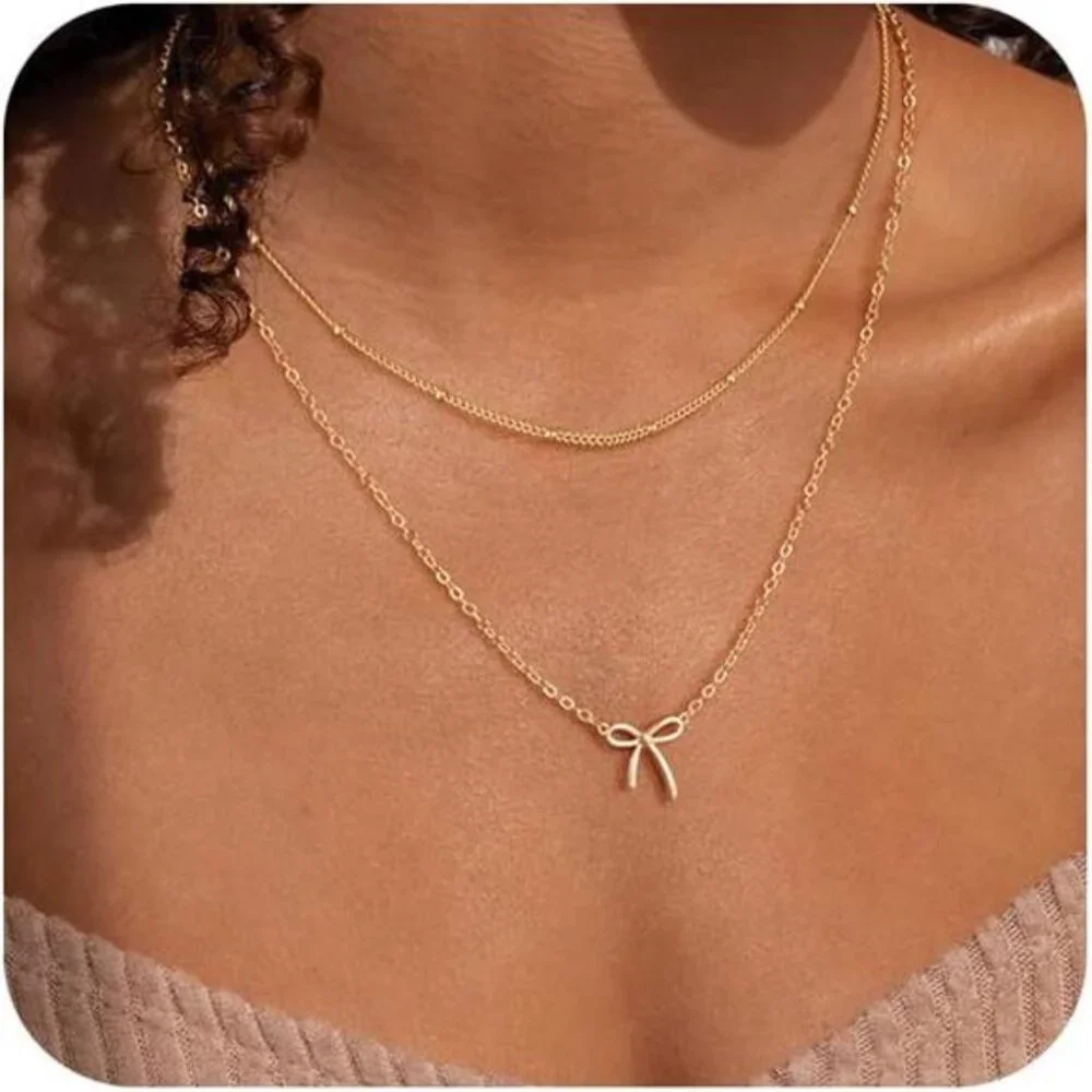 Gold Necklace for Women Bow Necklace 14K Dainty Layered Gold Necklace - Picture 8 of 8